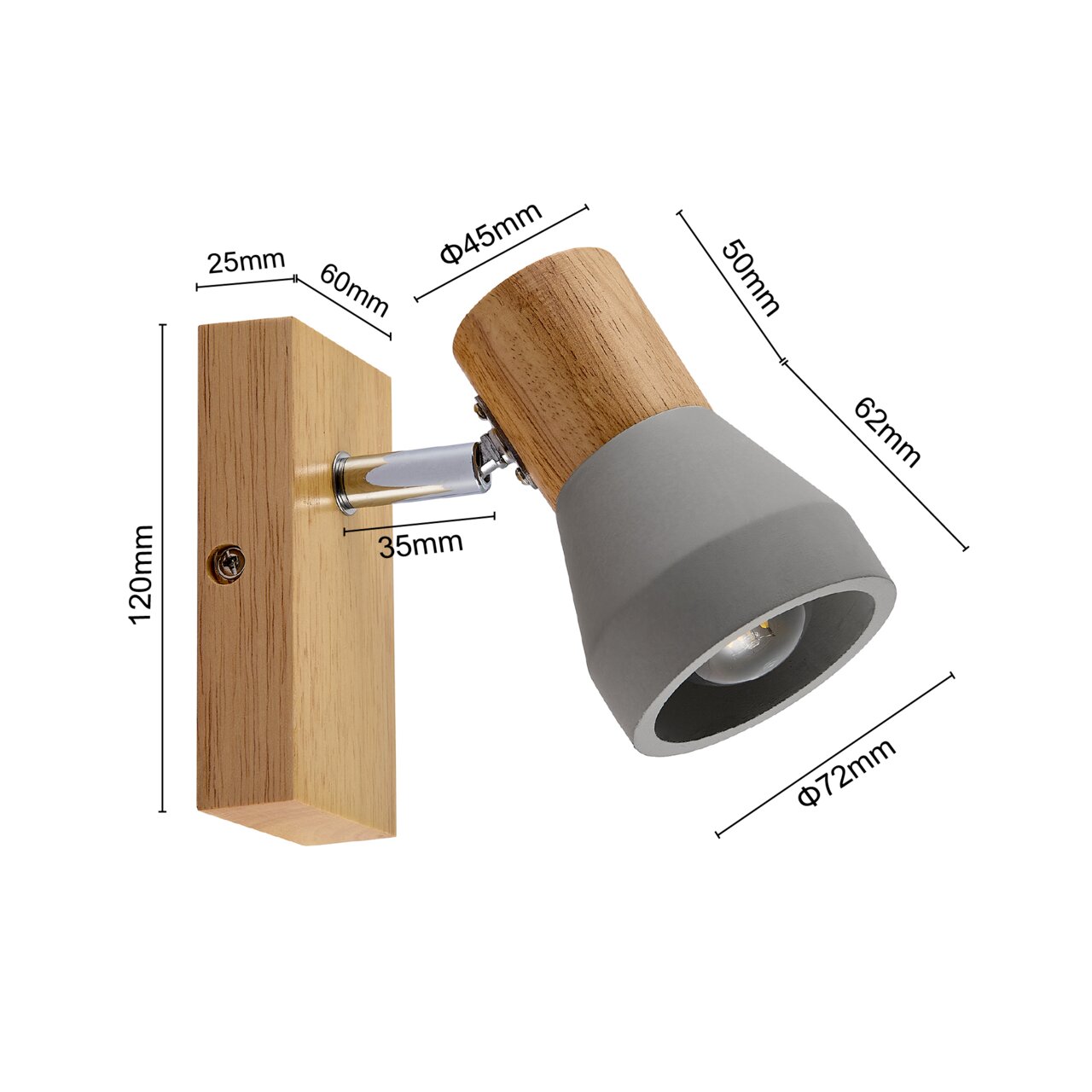 Moderner Strahler mit Holz- und Metallelementen, seitliche Perspektive