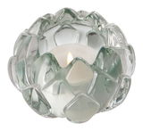 Teelichthalter aus mintfarbenem Glas mit geometrischem Design, seitliche Perspektive