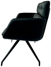 Seitliche Ansicht einer modernen schwarzen Sitzbank mit gepolsterter Rückenlehne und schlanken Metallbeinen.