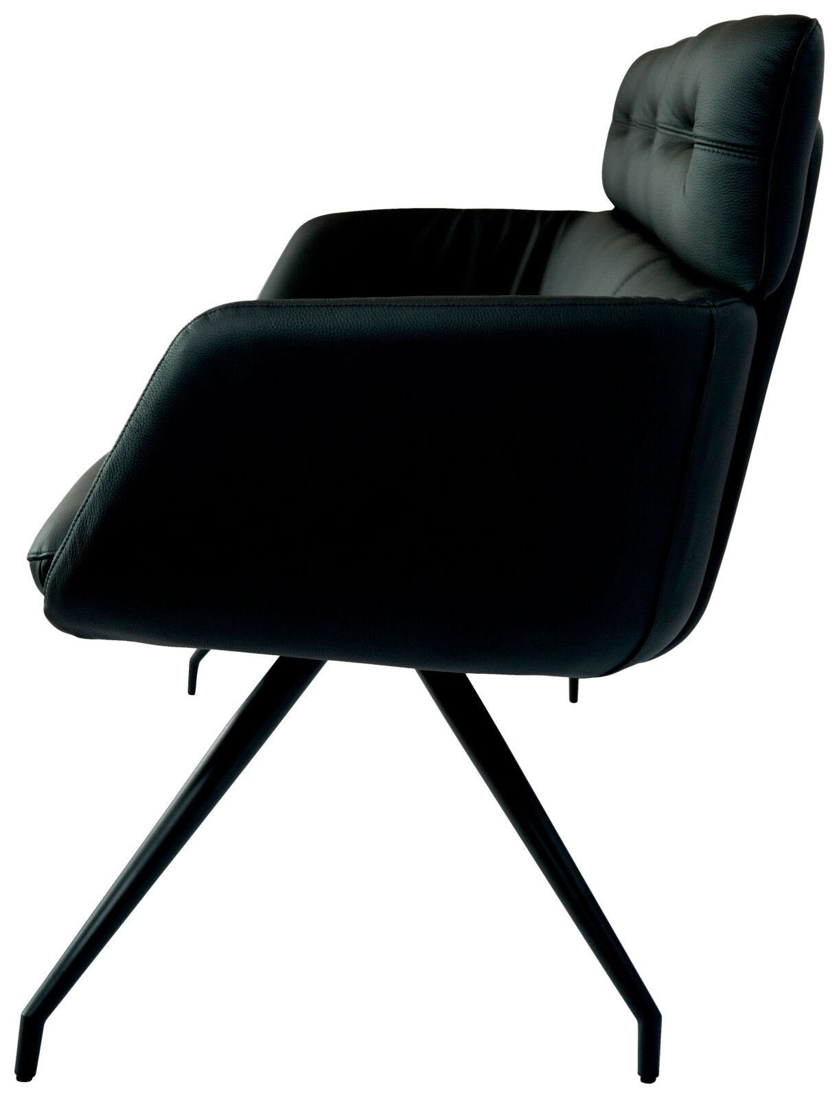 Seitliche Ansicht einer modernen schwarzen Sitzbank mit gepolsterter Rückenlehne und schlanken Metallbeinen.