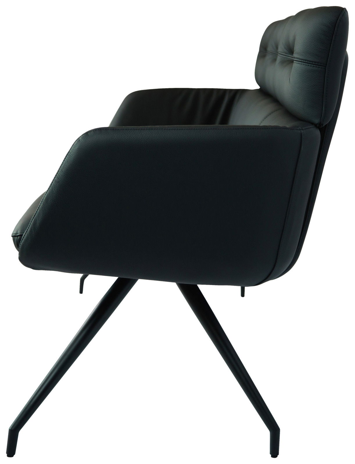 Seitliche Ansicht einer modernen schwarzen Sitzbank mit gepolsterter Rückenlehne und schlanken Metallbeinen.