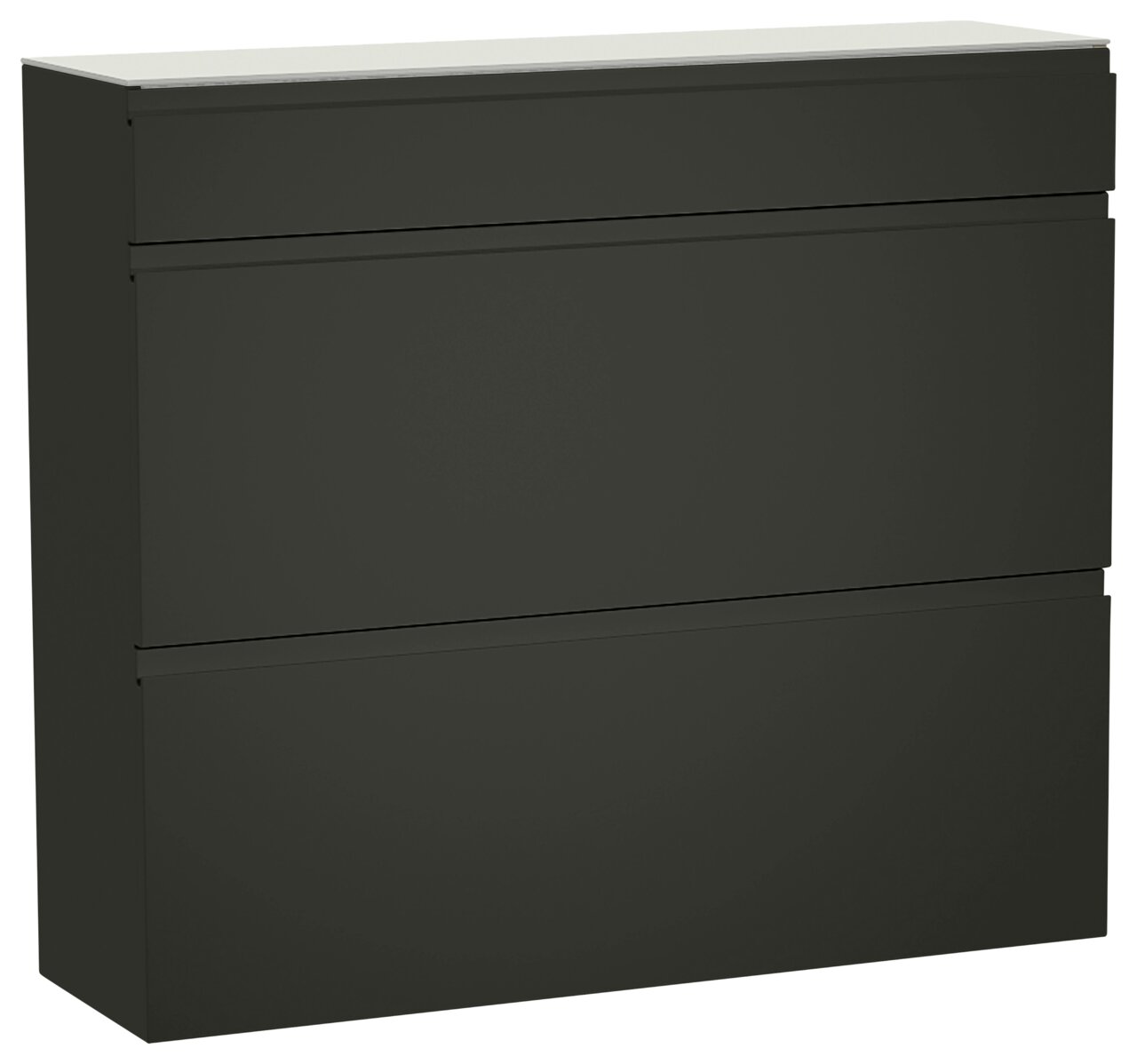 Moderano Hangende schoenenkast LECCO Moderner Hängeschuhschrank LECCO in dunklem Design, frontal abgebildet mit drei Schubladen.