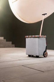 Carrycruiser Frame in seitlicher Perspektive mit Teleskopgriff und Rädern, auf einem modernen Bodenbelag vor einer Treppe.