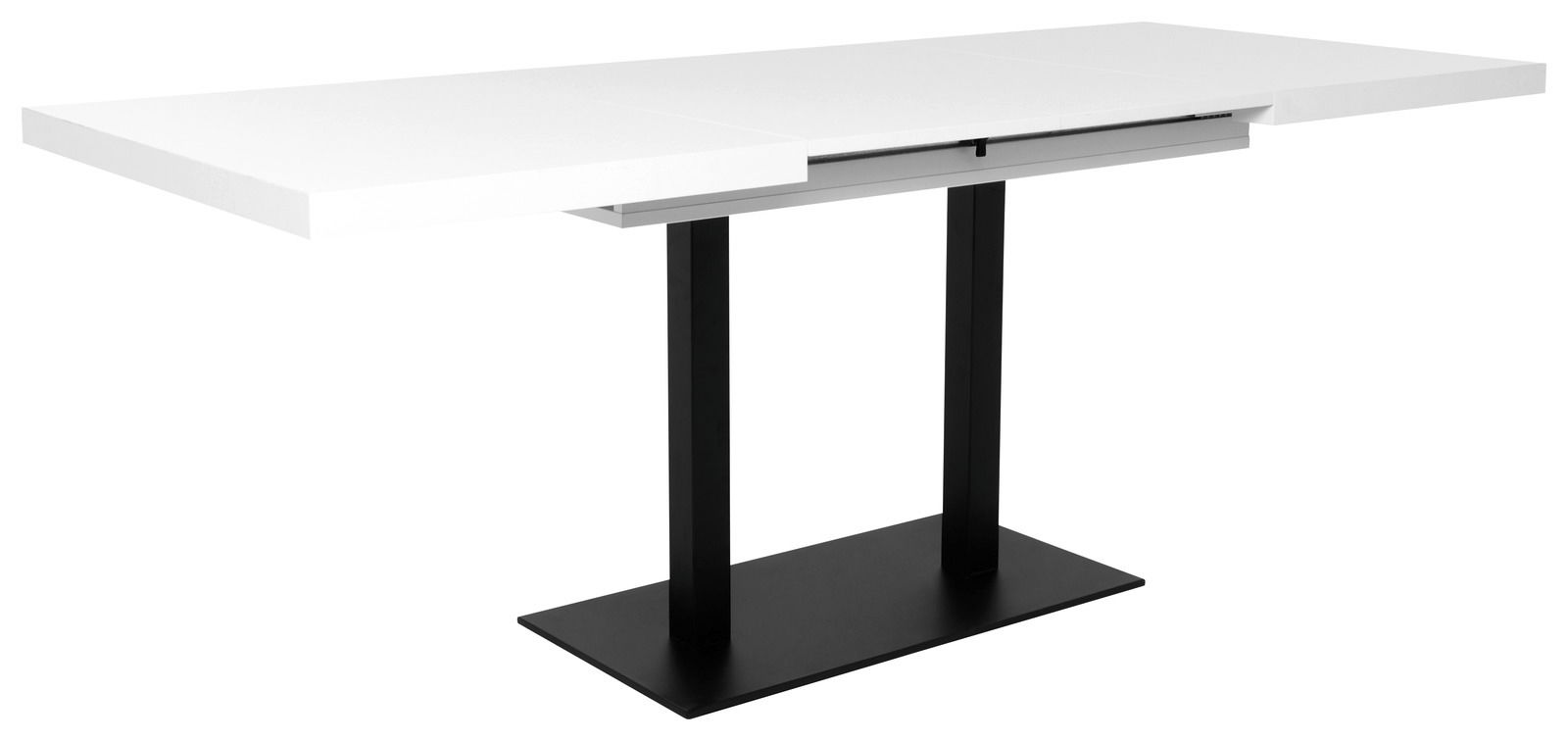 Moderner Esstisch mit weißer Tischplatte und schwarzem Metallgestell, seitliche Perspektive