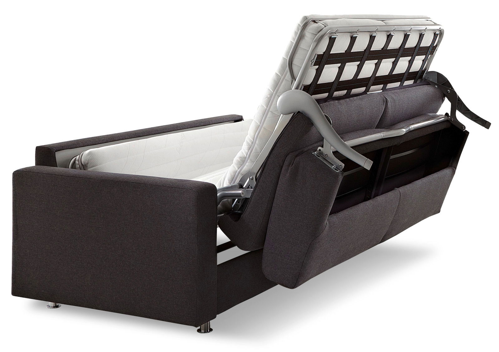 Rückansicht eines Schlafsofas in dunklem Stoff, teilweise ausgeklappt mit sichtbarem Metallrahmen und Matratze.