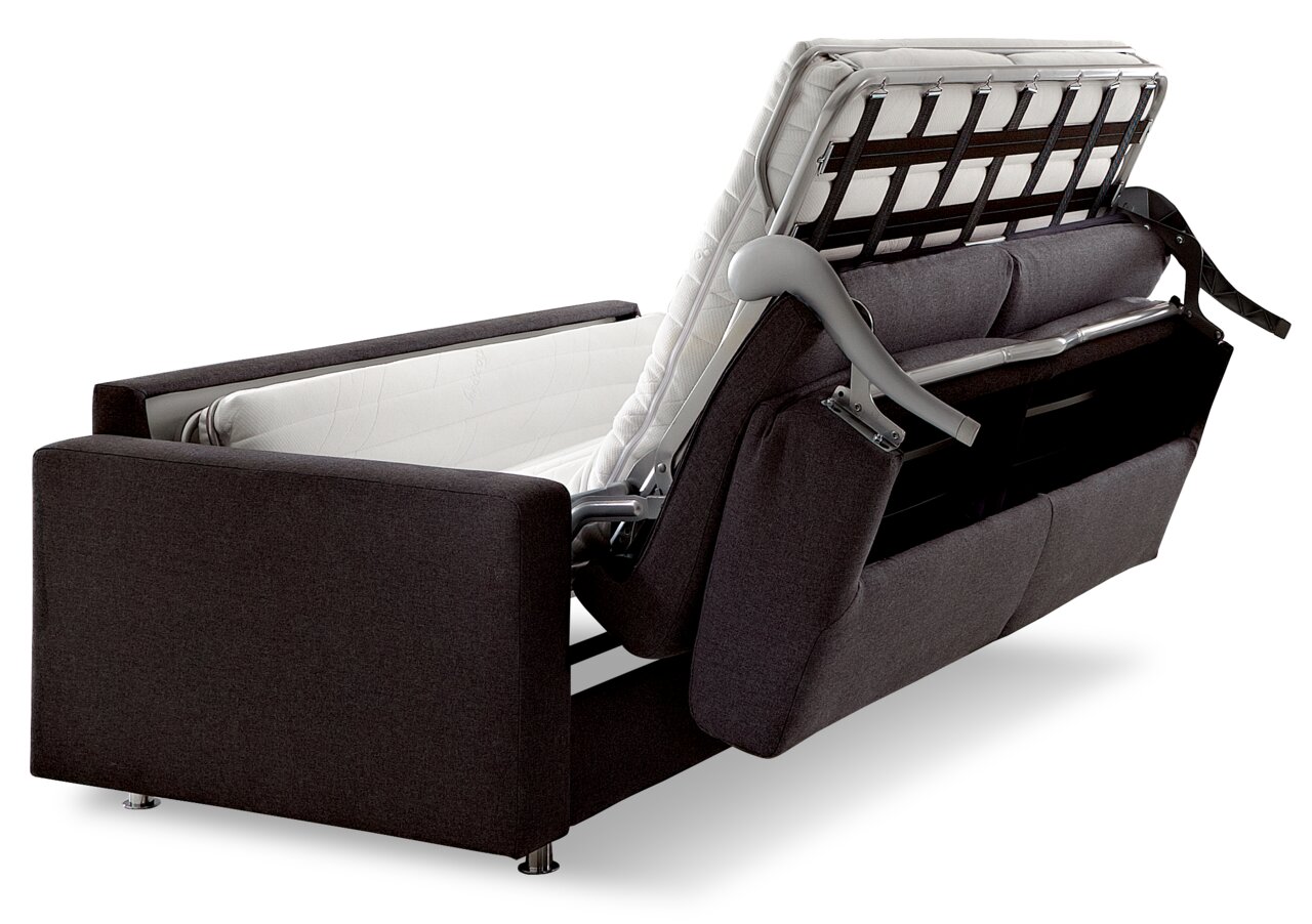 Rückansicht eines Schlafsofas in dunklem Stoff, teilweise ausgeklappt mit sichtbarem Metallrahmen und Matratze.