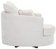 Seitenansicht eines beigen Sessels mit runder Rückenlehne und Kissen.