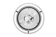 Deckenventilator von unten betrachtet mit modernem Design und kreisförmigem Gitter.