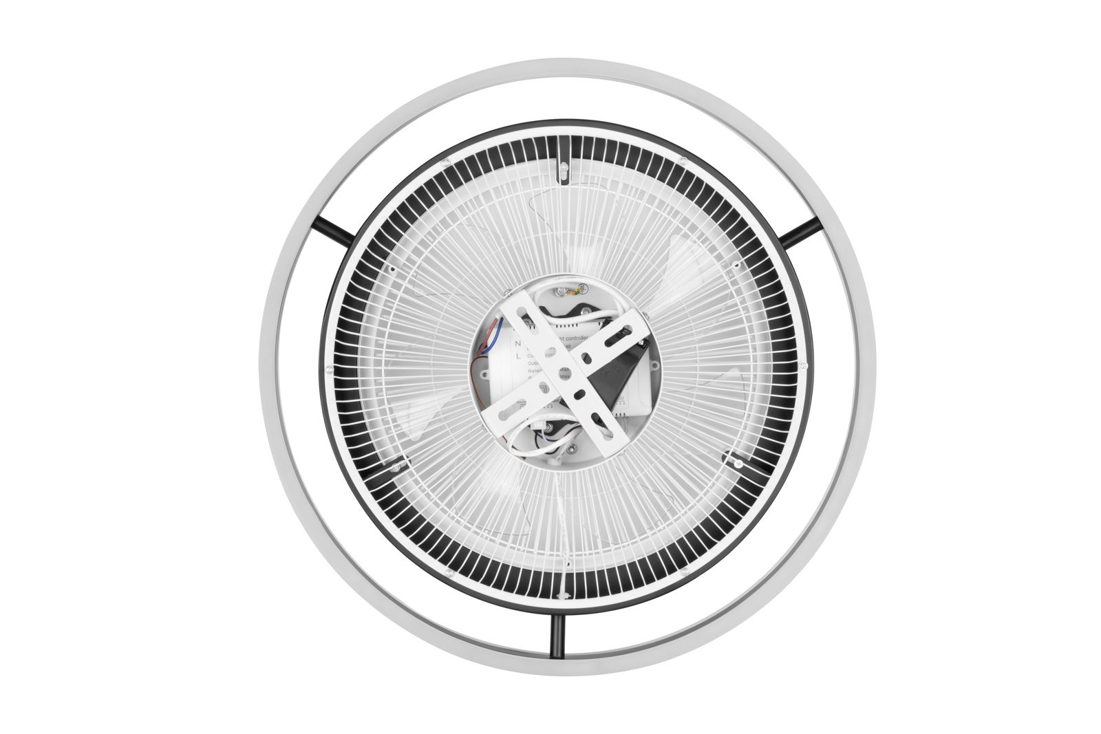 Deckenventilator von unten betrachtet mit modernem Design und kreisförmigem Gitter.