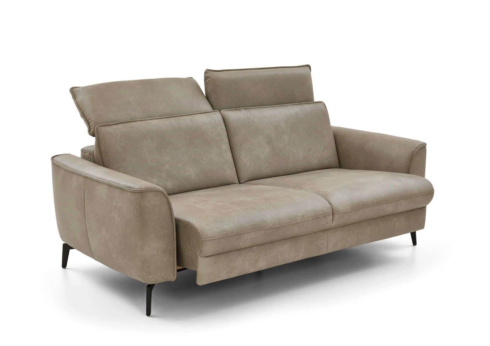 Modernes dreisitziges Sofa in hellbraunem Leder mit verstellbaren Kopfstützen, seitliche Perspektive