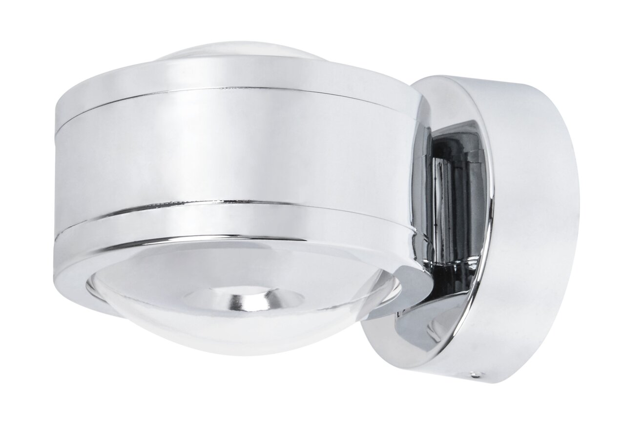 Moderne LED-Wandleuchte DUE PUNTO in Chromoptik, seitliche Perspektive