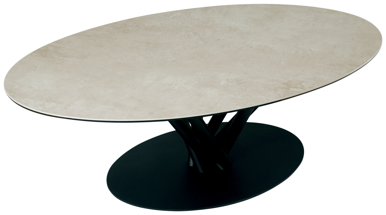 Belluti Couchtisch GIULIETTA Ovaler Couchtisch mit heller Tischplatte und schwarzem, skulpturalem Untergestell, seitliche Perspektive