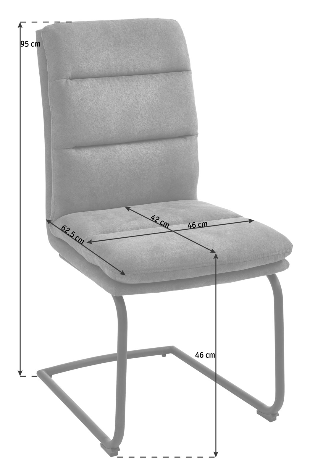 Swingstoel in zijaanzicht met grijze bekleding en metalen frame, afmetingen: zitbreedte 46 cm, zitdiepte 42 cm, totale diepte 62,5 cm, totale hoogte 89 cm