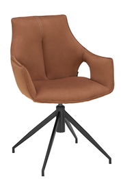 Moderner brauner Sessel mit schwarzem Metallgestell, seitliche Perspektive