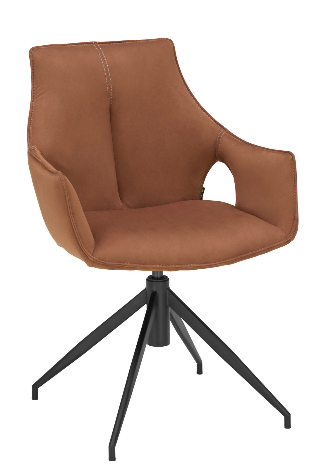 Moderner brauner Sessel mit schwarzem Metallgestell, seitliche Perspektive