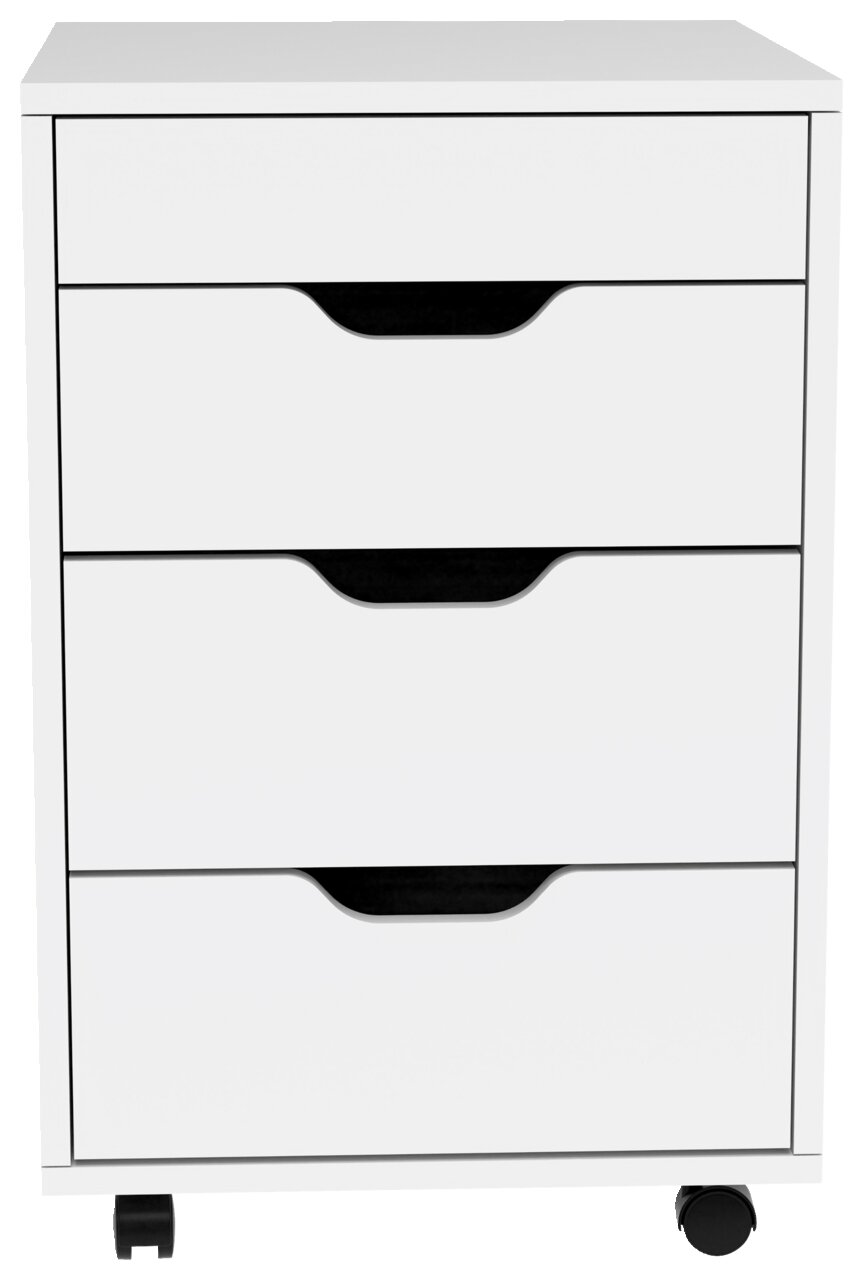 Weißer Rollcontainer mit vier Schubladen, frontal betrachtet