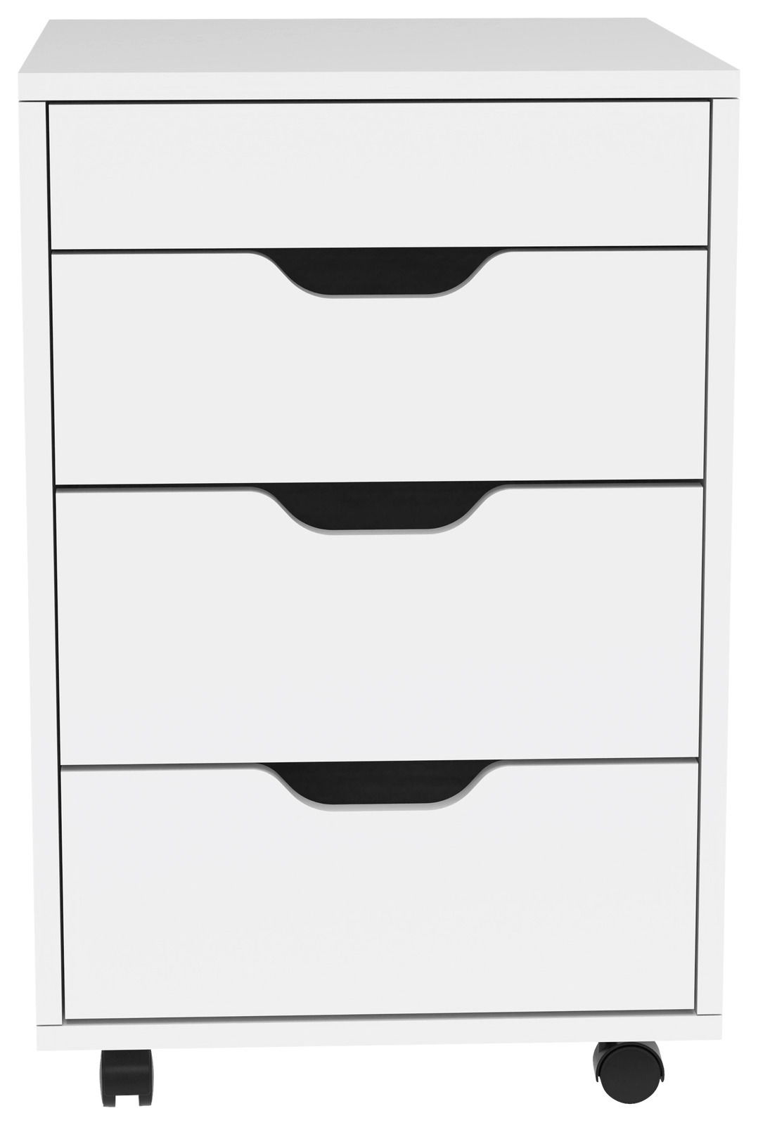 Weißer Rollcontainer mit vier Schubladen, frontal betrachtet