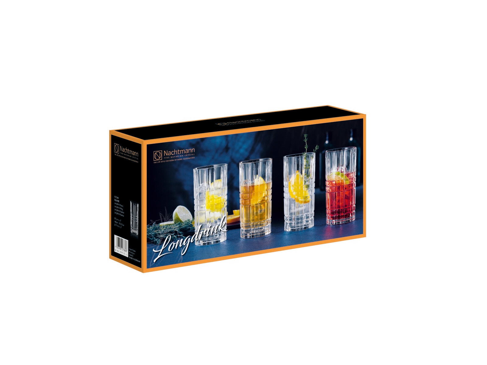 Verpackung eines Longdrinkglas Sets mit vier Gläsern in quadratischer Form, gefüllt mit bunten Getränken und Zitrusfrüchten, aus seitlicher Perspektive.