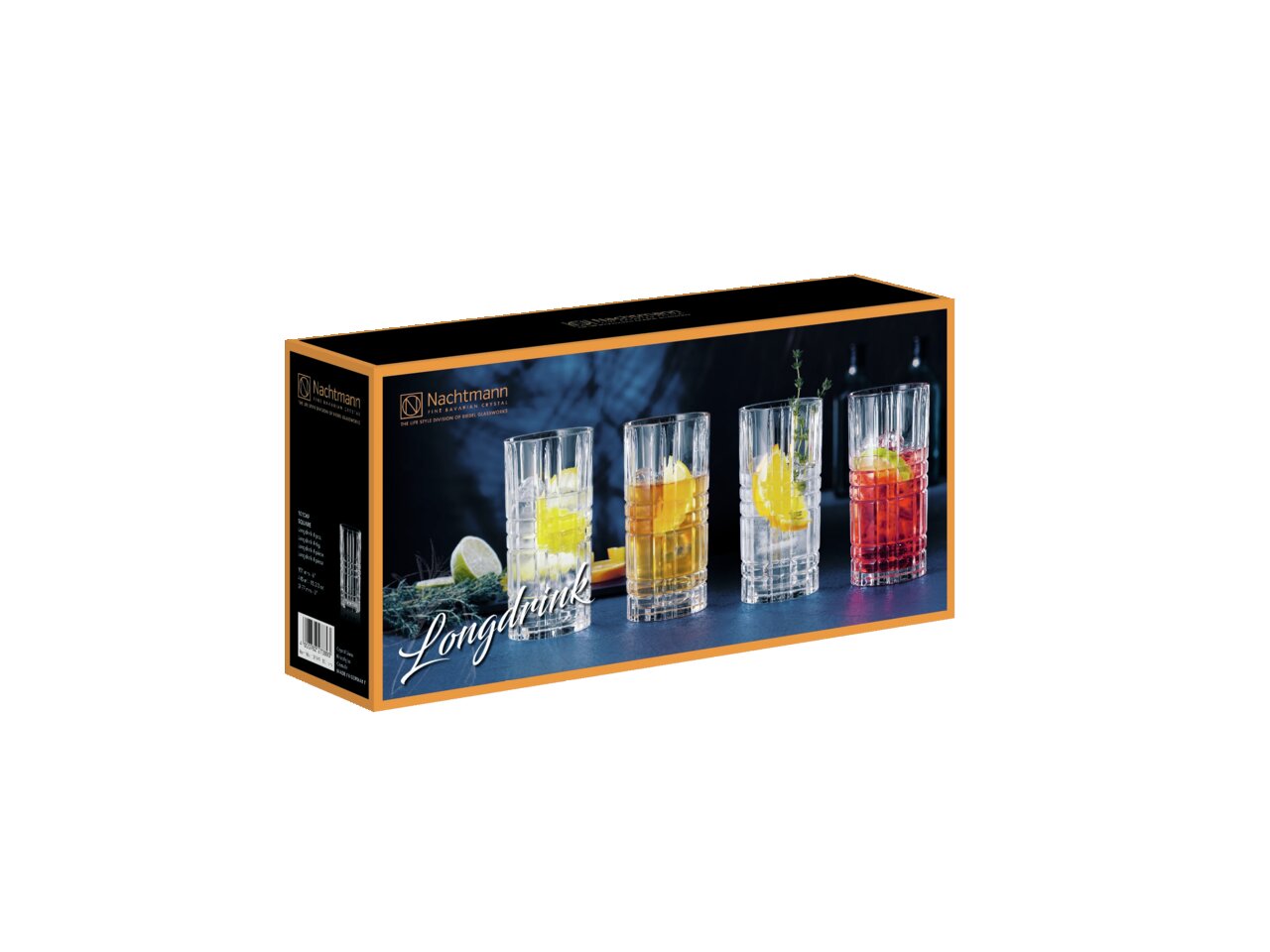 Verpackung eines Longdrinkglas Sets mit vier Gläsern in quadratischer Form, gefüllt mit bunten Getränken und Zitrusfrüchten, aus seitlicher Perspektive.