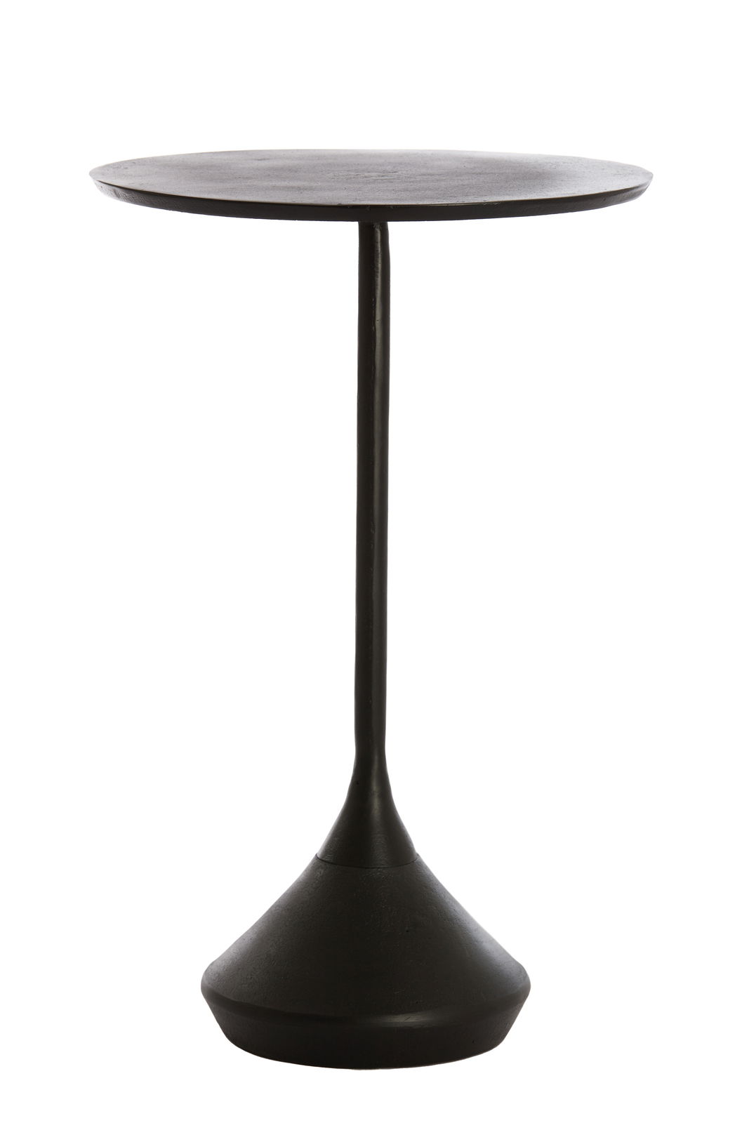 Light&Living Bijzettafel DIMPHY Schwarzer Beistelltisch mit rundem Tischplatte und konischem Fuß, frontal fotografiert.