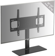 Schwarze TV-Standhalterung mit Montageplatte und Sockel, geeignet für 26–55 Zoll Fernseher bis 30 kg, Produktansicht schräg von hinten