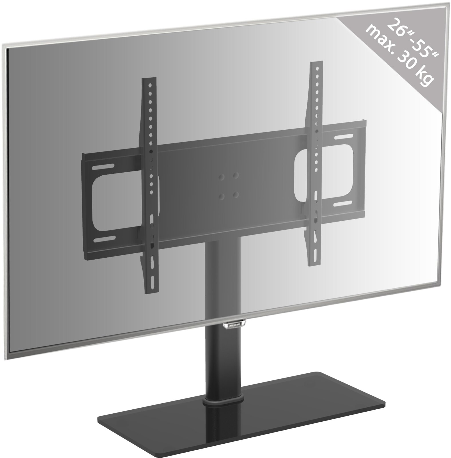 Schwarze TV-Standhalterung mit Montageplatte und Sockel, geeignet für 26–55 Zoll Fernseher bis 30 kg, Produktansicht schräg von hinten