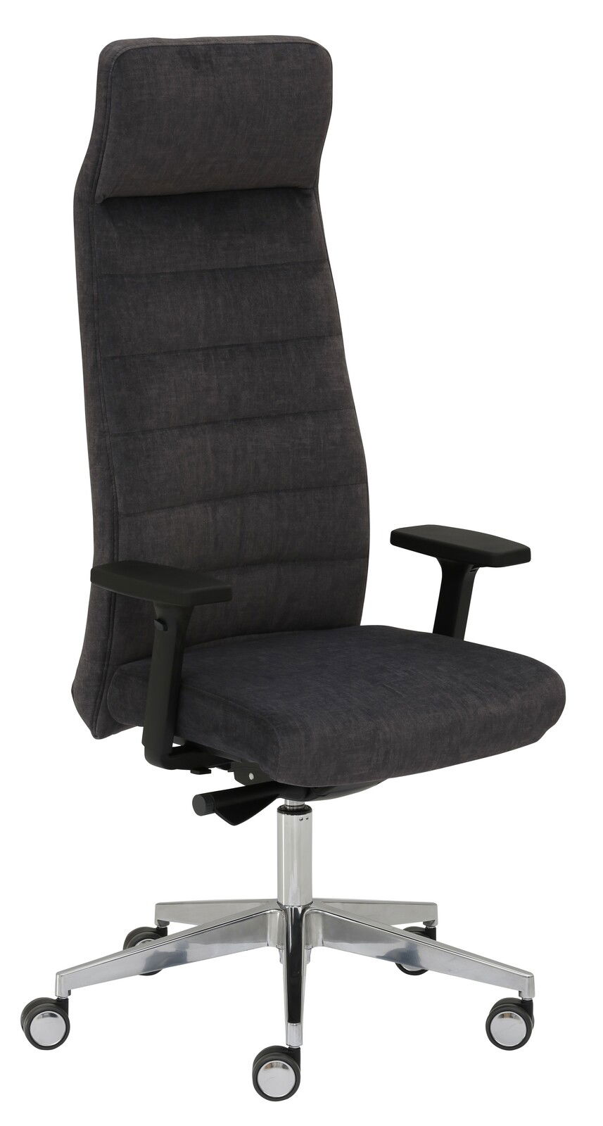 Moderner Drehstuhl mit hoher Rückenlehne und Armlehnen, seitliche Perspektive