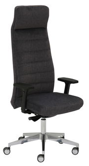 Moderner Drehstuhl mit hoher Rückenlehne und Armlehnen, seitliche Perspektive