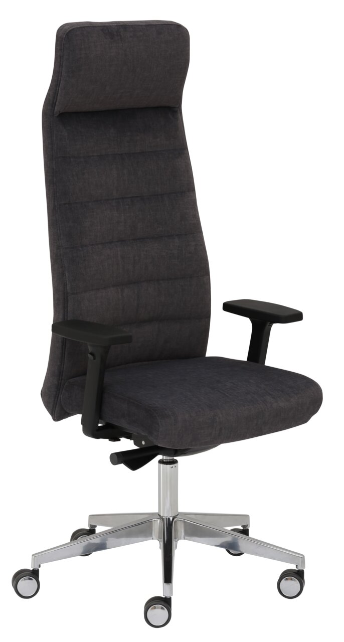 Moderner Drehstuhl mit hoher Rückenlehne und Armlehnen, seitliche Perspektive