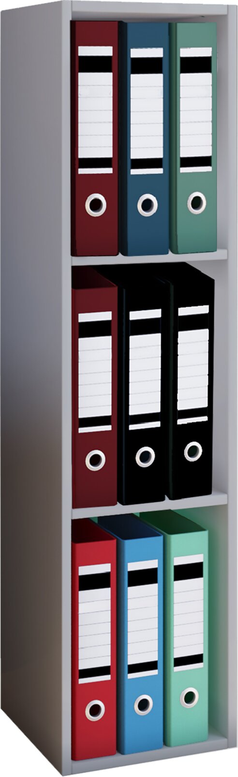 VCM Büroregal OFFAS Graues Regal mit drei Fächern, gefüllt mit farbigen Aktenordnern (Rot, Blau, Grün, Schwarz) mit Beschriftungsfeldern und Griffloch, frontale leicht seitliche Perspektive.