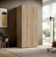 Zweiflügeliger Drehtürenschrank aus Holz in einem modernen Wohnzimmer, seitliche Perspektive.