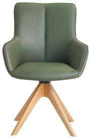 Grüner Armlehnstuhl mit Holzbeinen, Frontalansicht