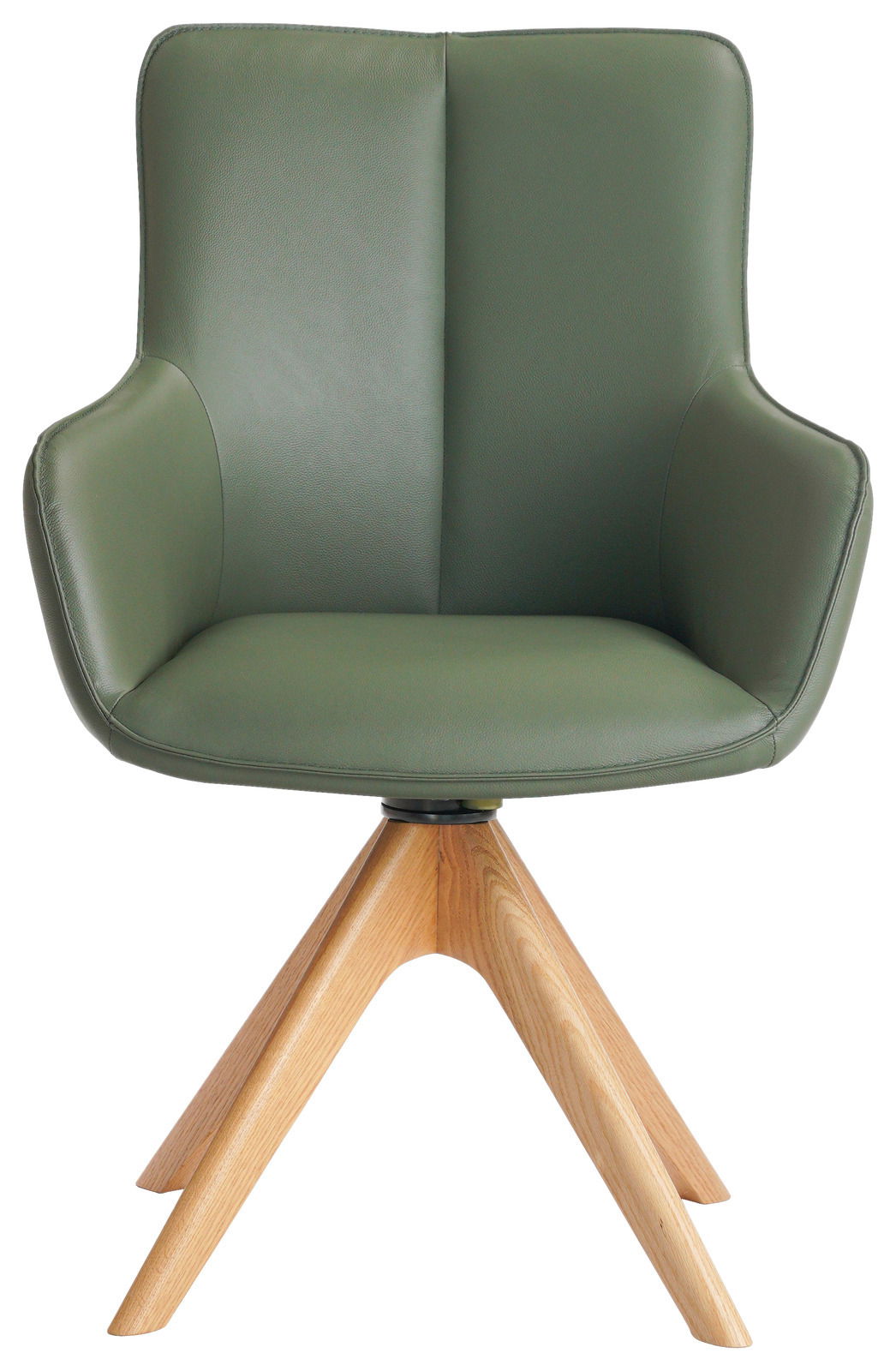 Grüner Armlehnstuhl mit Holzbeinen, Frontalansicht