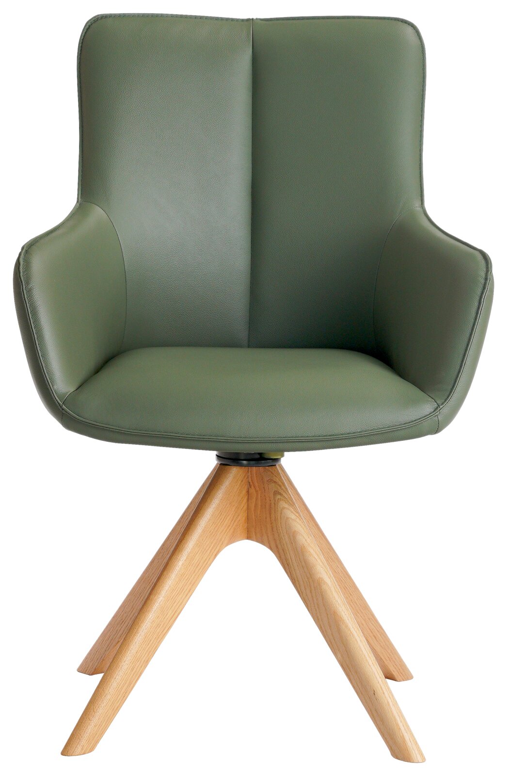 Grüner Armlehnstuhl mit Holzbeinen, Frontalansicht