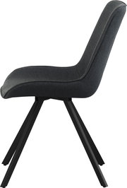 Seitenansicht eines modernen Polsterstuhls in Dunkelgrau mit hoher Rückenlehne und schwarzen Metallbeinen, freigestellt auf weißem Hintergrund