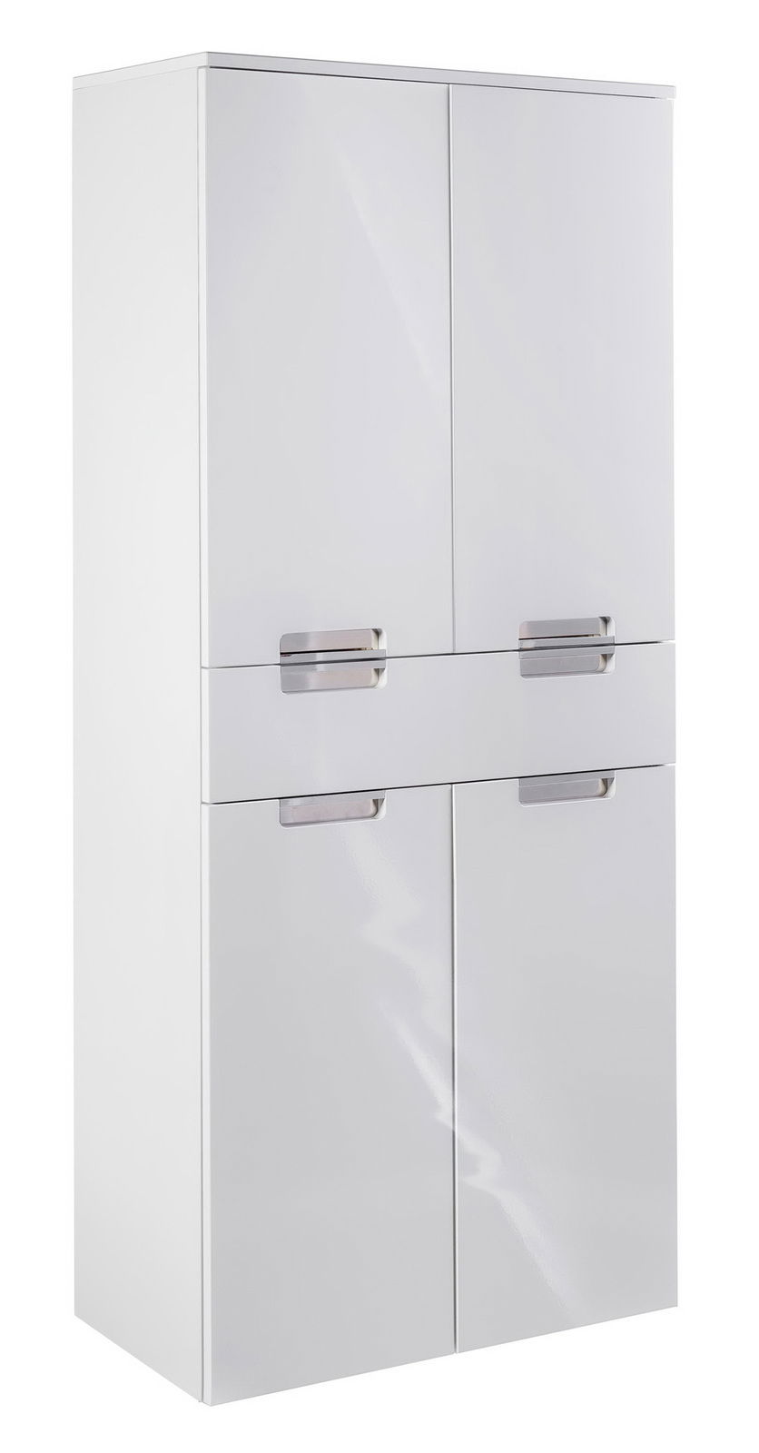 Weißer Hochschrank mit vier Türen und modernen Griffen, seitliche Perspektive