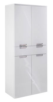 Weißer Hochschrank mit vier Türen und modernen Griffen, seitliche Perspektive