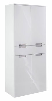 Weißer Hochschrank mit vier Türen und modernen Griffen, seitliche Perspektive