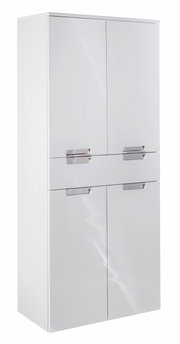 Weißer Hochschrank mit vier Türen und modernen Griffen, seitliche Perspektive