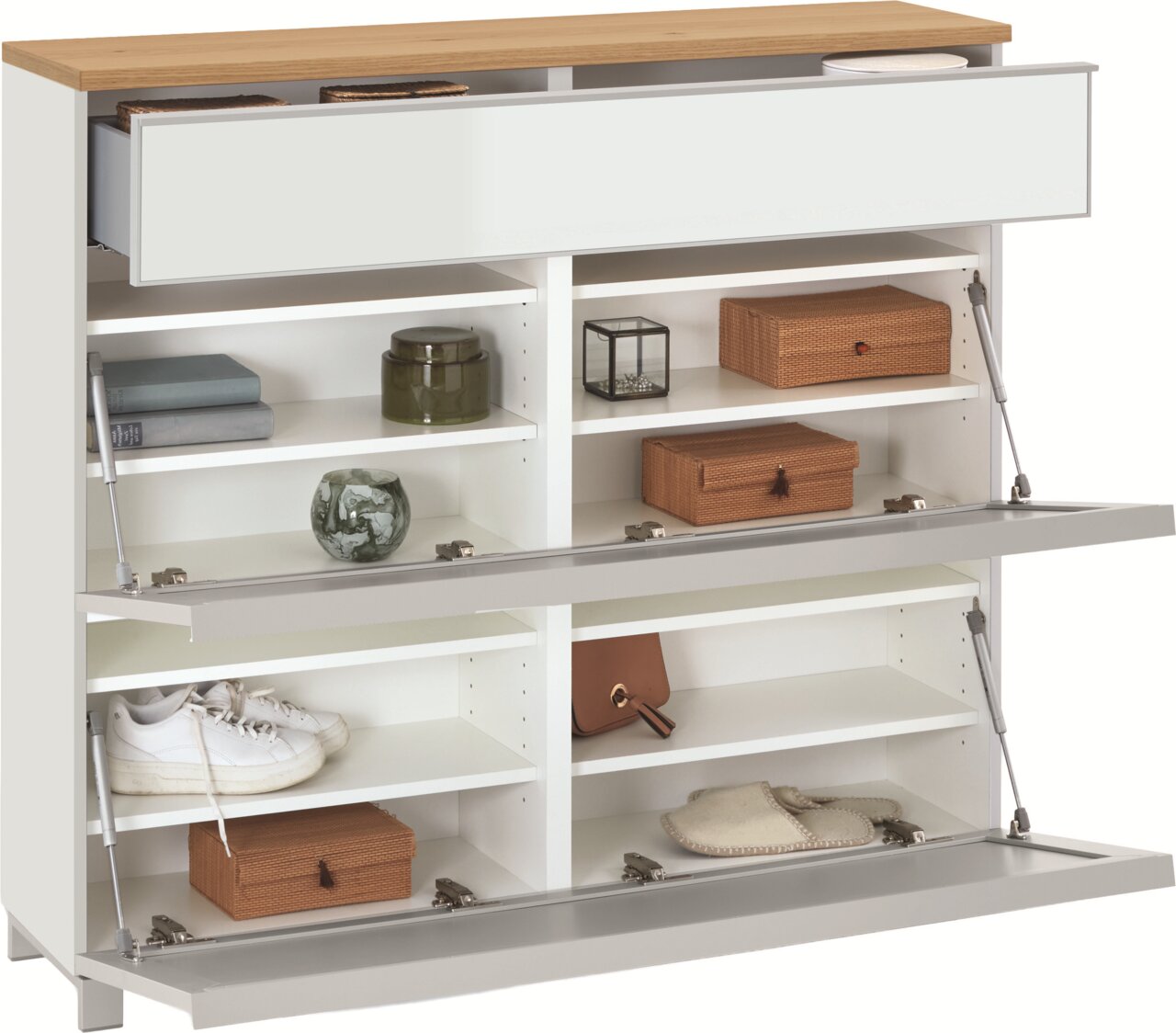 VOSS XL-Schuhschrank VORTINA Weißes Schuhregal/Kommode mit Holzplatte, drei Klappen und offenen Fächern, teilweise geöffnet mit sichtbaren Ablagen und Dämpfern, in frontaler Ansicht leicht von oben.