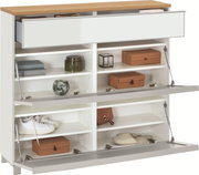 Weißes Schuhregal/Kommode mit Holzplatte, drei Klappen und offenen Fächern, teilweise geöffnet mit sichtbaren Ablagen und Dämpfern, in frontaler Ansicht leicht von oben.