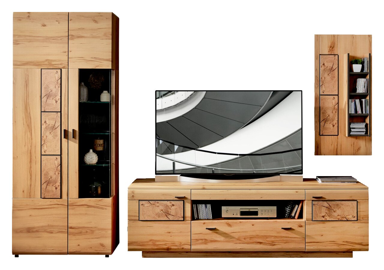 Wandkombination aus Holz mit Schrank, TV-Board und Wandregal, frontal betrachtet.