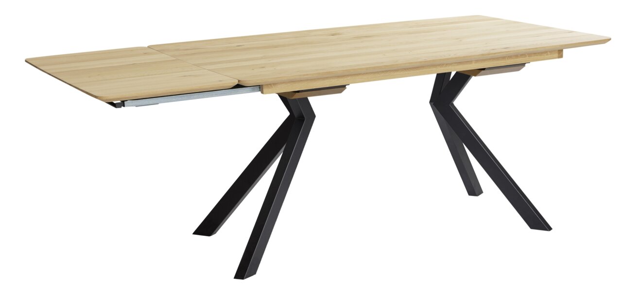 Moderner Esstisch aus Holz mit schwarzem Metallgestell, seitliche Perspektive