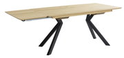 Moderner Esstisch aus Holz mit schwarzem Metallgestell, seitliche Perspektive