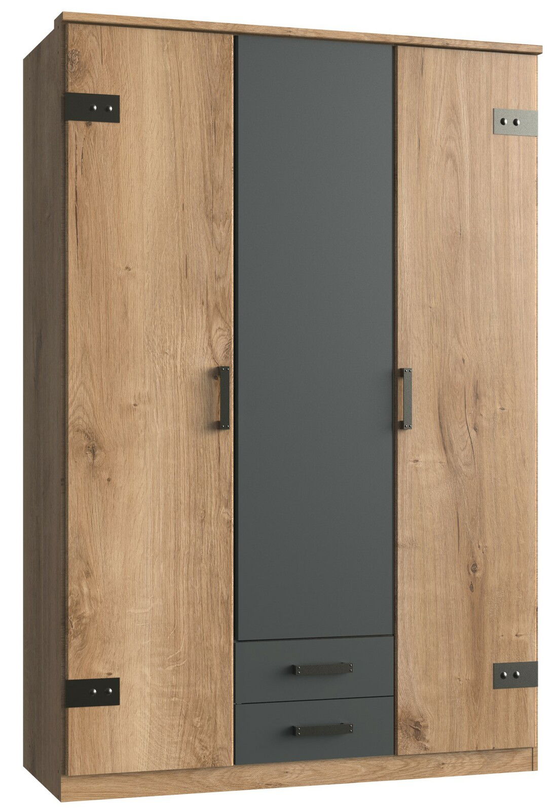 Z2 Kast met draaideuren, 3-deurs CORK Drehtürenschrank mit drei Türen in Holzoptik und grauen Elementen, Frontalansicht