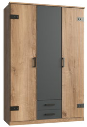 Drehtürenschrank mit drei Türen in Holzoptik und grauen Elementen, Frontalansicht