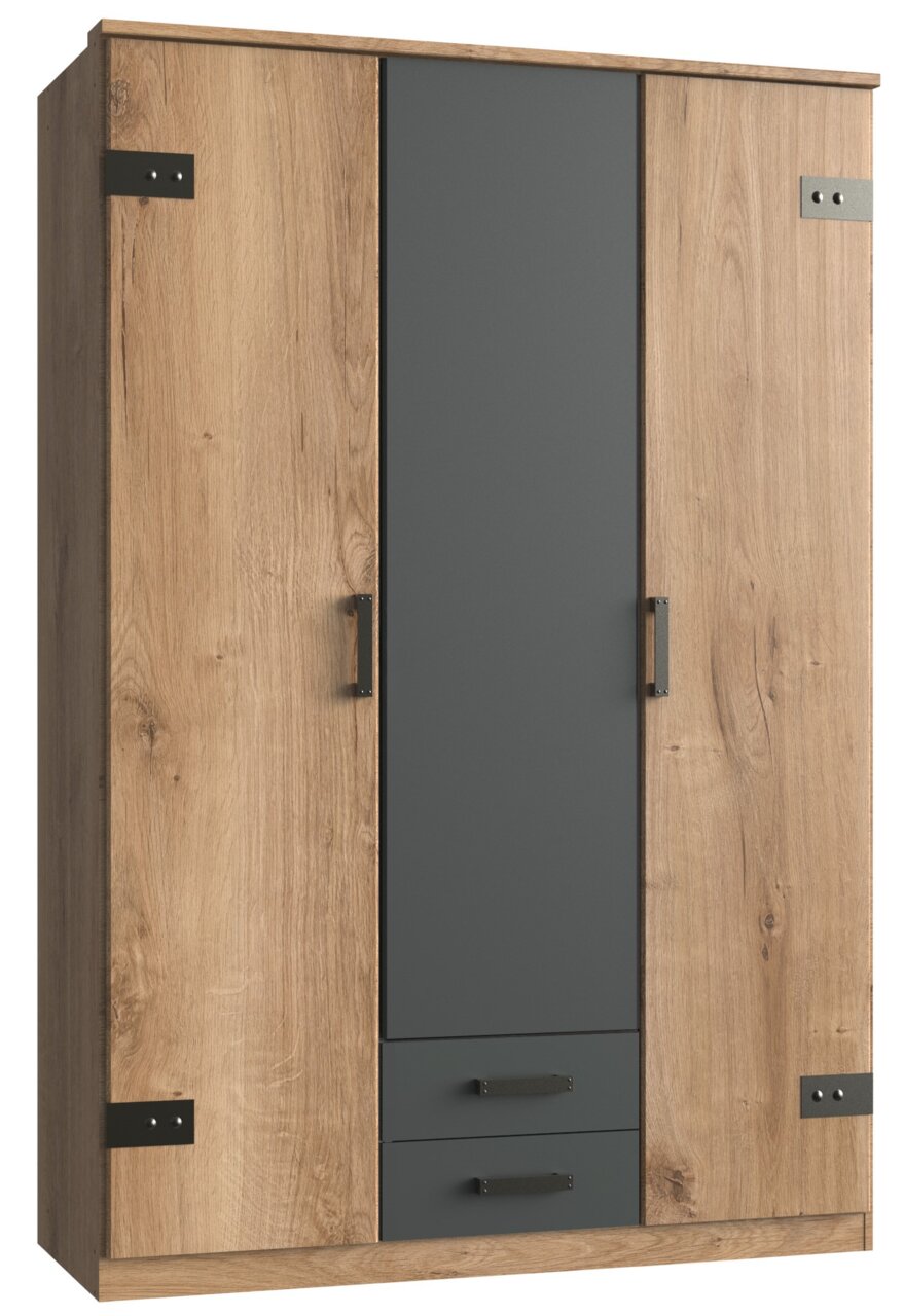 Drehtürenschrank mit drei Türen in Holzoptik und grauen Elementen, Frontalansicht