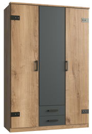 Drehtürenschrank mit drei Türen in Holzoptik und grauen Elementen, Frontalansicht