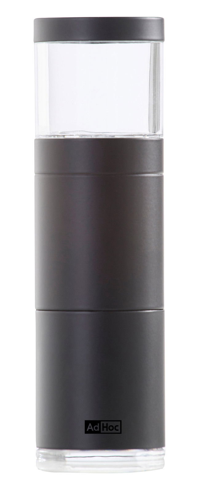 Muskatmühle in zylindrischer Form, schwarz und transparent, frontal abgebildet