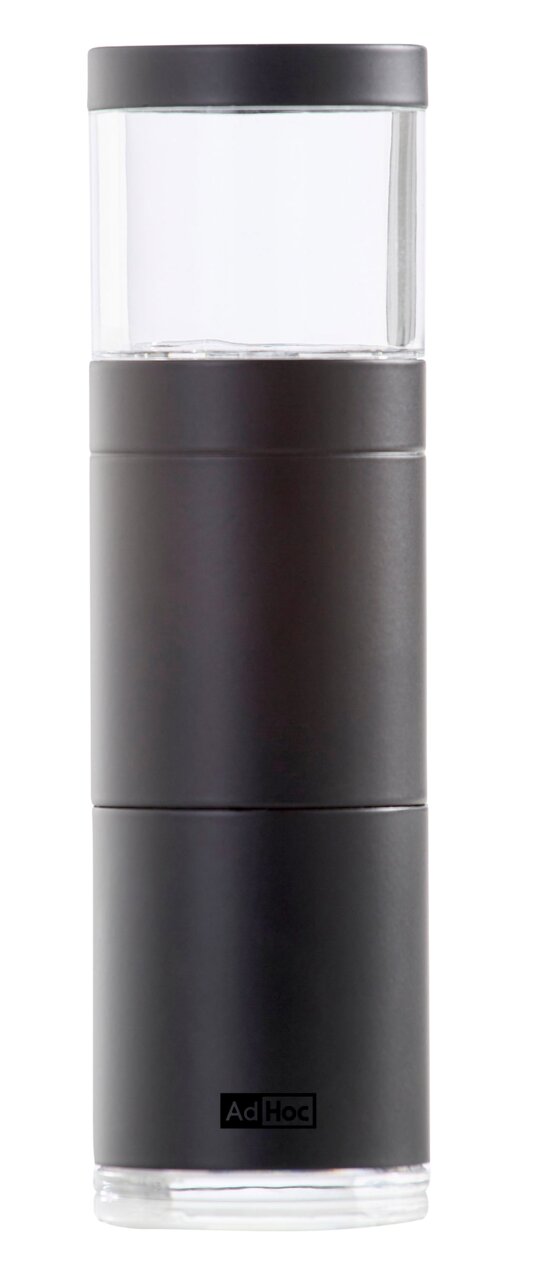 Muskatmühle in zylindrischer Form, schwarz und transparent, frontal abgebildet